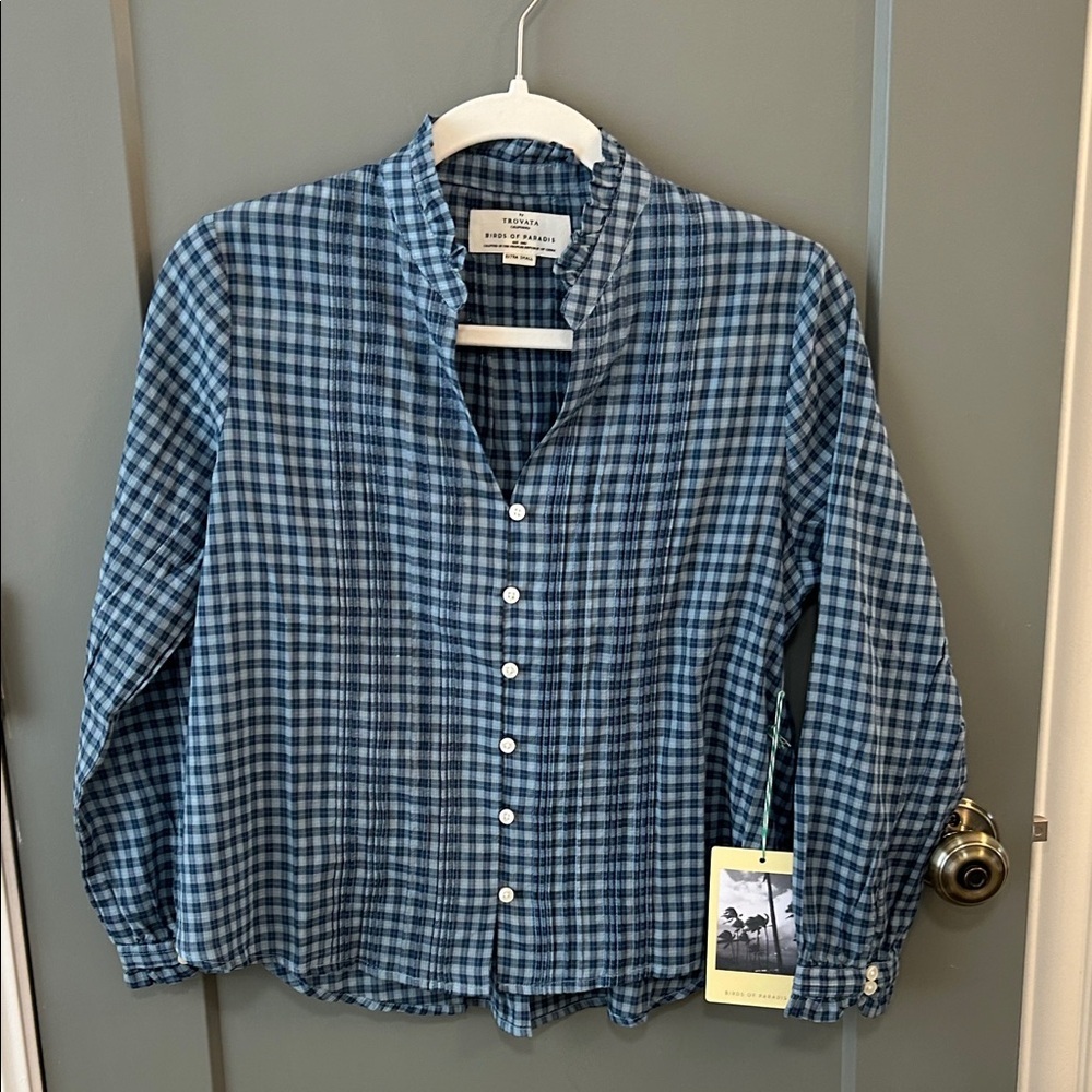TROVATA Birds Of Paradis  Blue Plaid Women's Blouse size x small